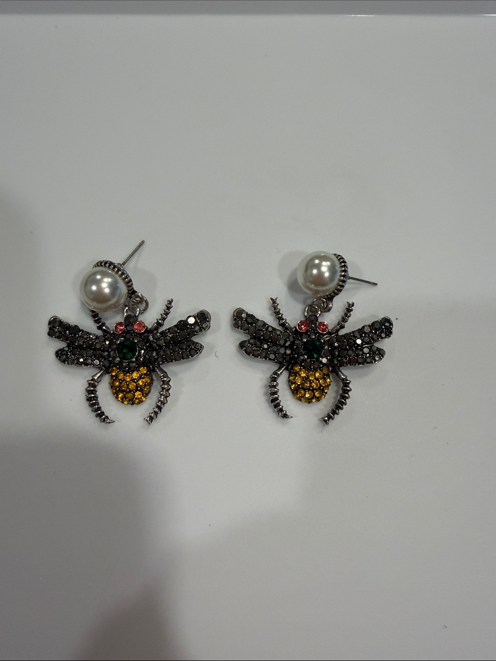 Pearl Top Bee Drop Earrings with Black and Yellow Crystals
